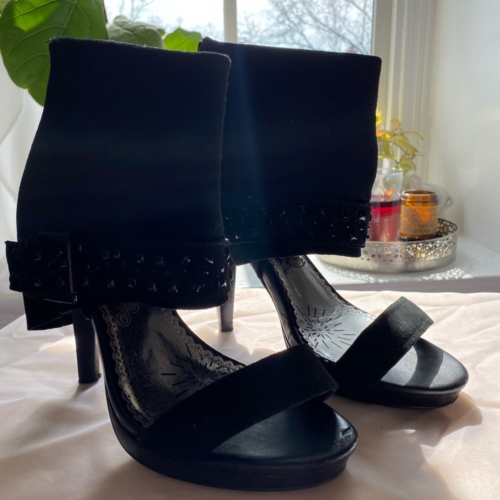 Sexy Black Suede Studded Open Toe Heeled Bootie
